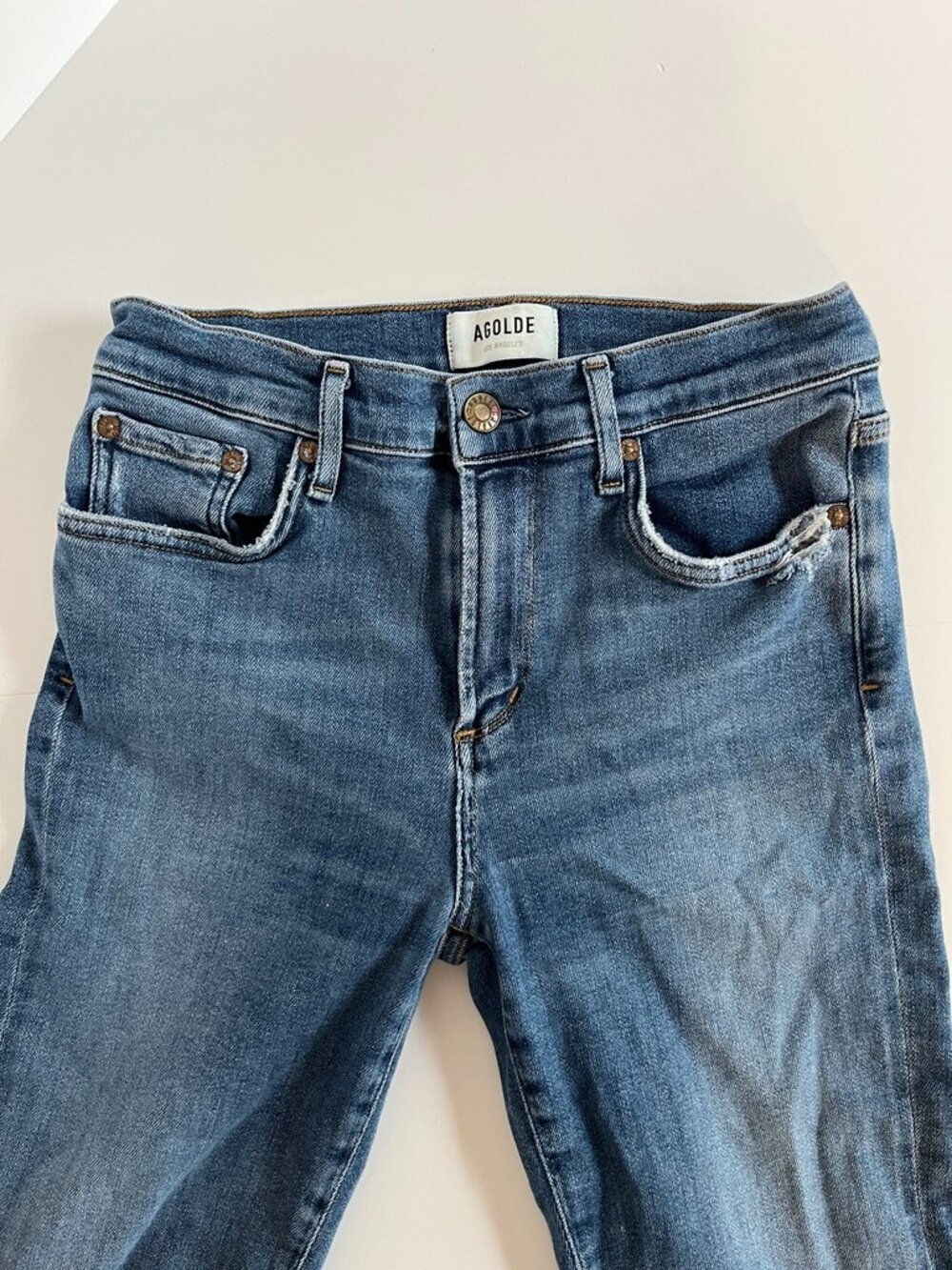 Agolde Sophie Mid Rise Skinny Ankle Jean 28 Blue Wash Distressed Stretch Denim - Picture 3 of 9